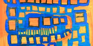 Crop of painting by Stuart Irving titled Wrestlers. Orange painted background with contrasting blue abstract squares spiralling.