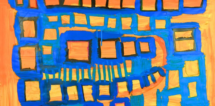Crop of painting by Stuart Irving titled Wrestlers. Orange painted background with contrasting blue abstract squares spiralling.