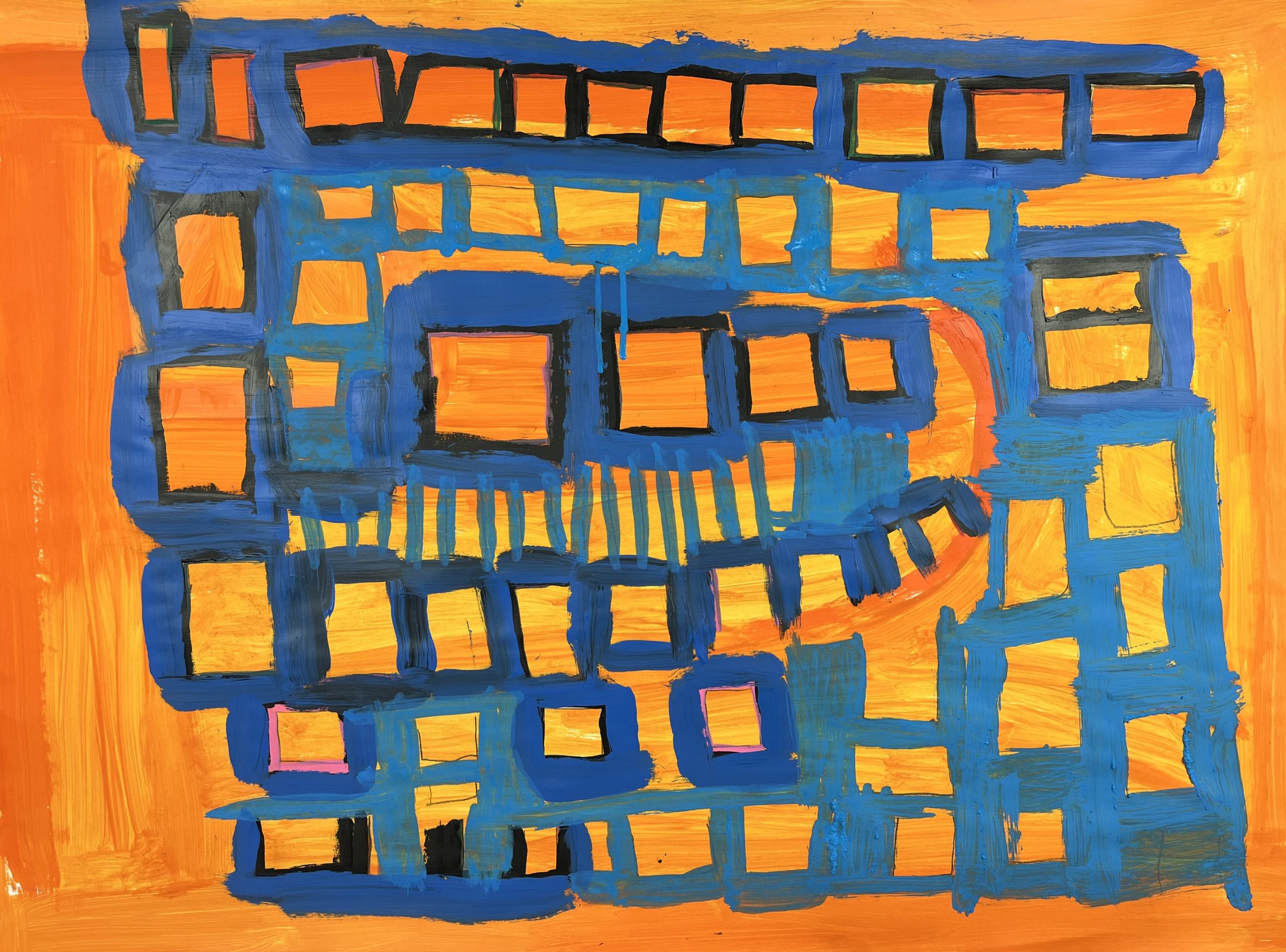 Crop of painting by Stuart Irving titled Wrestlers. Orange painted background with contrasting blue abstract squares spiralling.